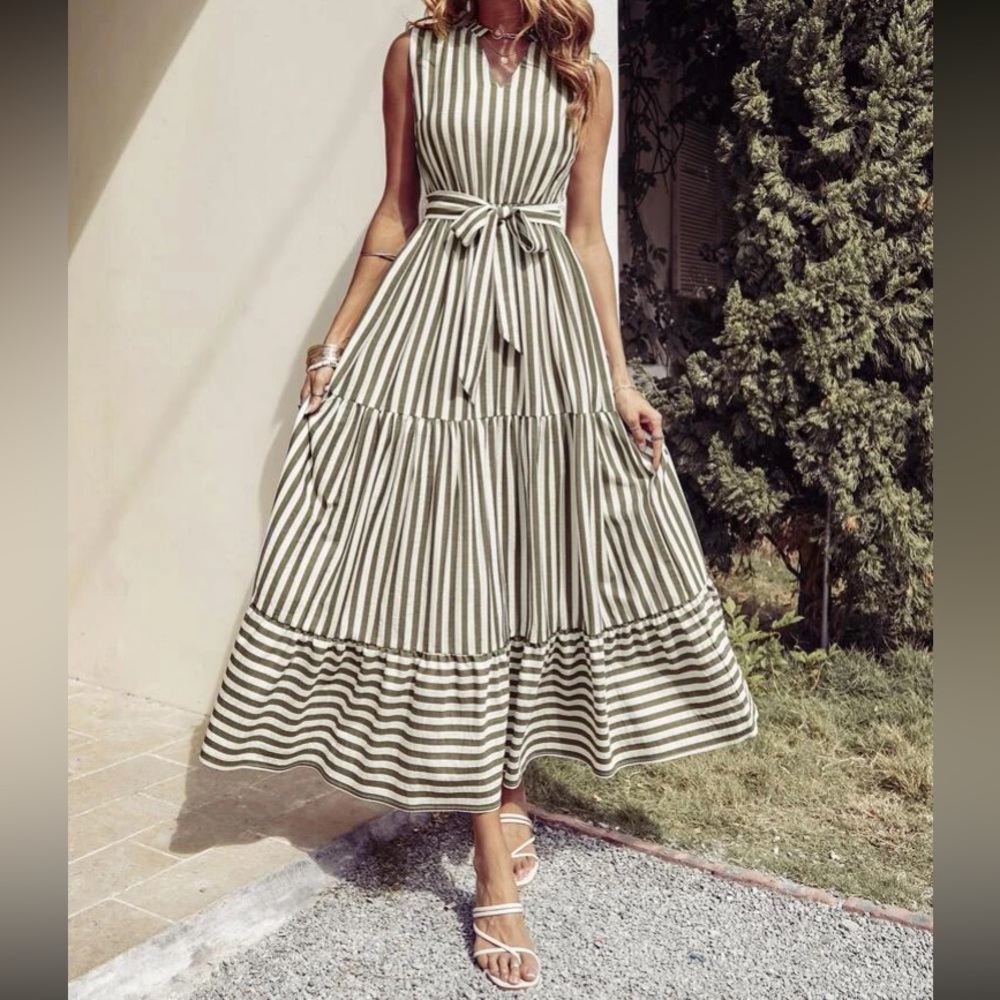 Boho Green White Striped Sleeveless Belted Maxi Dress - Picture 1 of 11